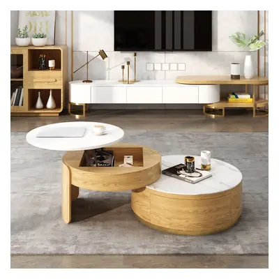 Modern Round Coffee Table with Storage Lift-Top Wood & Glass Coffee Table with 2 Drawers