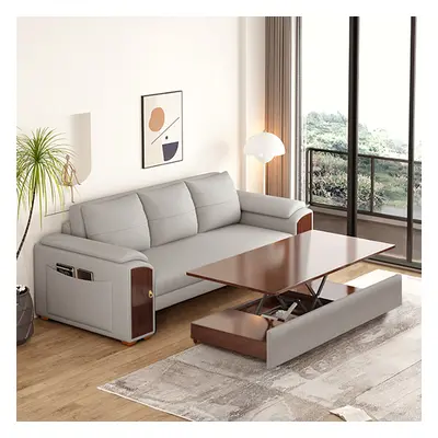 2400mm Grey Pull Out Sofa Bed Convertible Leath-Aire Sleeper with Lift-top Coffee Table