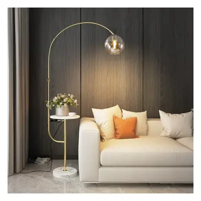 Modern Gold Arc Floor Lamp for Living Room with Shelf & Wireless Charger & USB