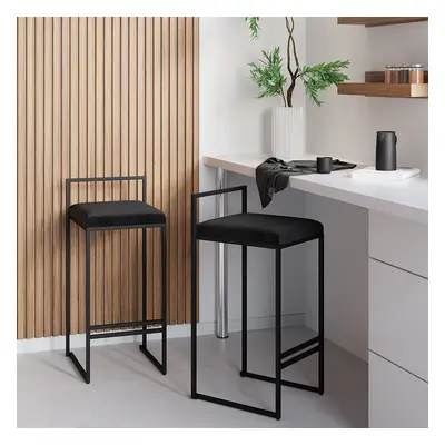 Modern Black Velvet Counter Stool Set of 2 with Back & Footrest