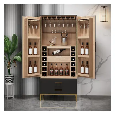 Black Bar Cabinet with Door Modern Storage Home Bar Cabinet with Glass Rack&Drawers