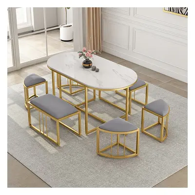 Dining Table Set 59.1" Oval Faux Marble Dining Table with 6 Chairs Affordable Luxury Modern