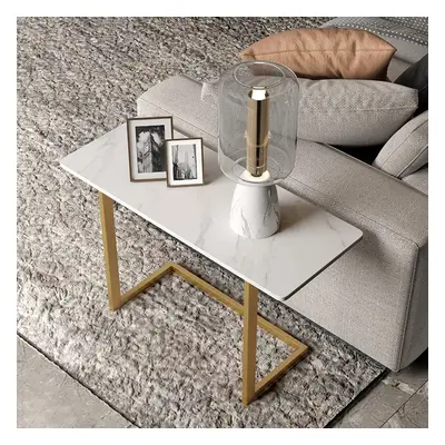 650mm C-Shaped Rectangle Sintered Stone Gold Finish Side Table