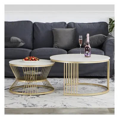 Round 2-Piece Nesting Set Sintered Stone Top White Coffee Table with Metal Frame