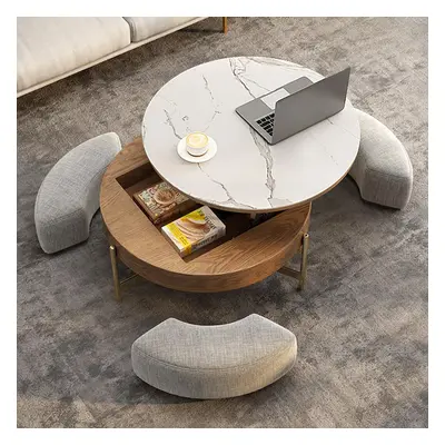 Round Lift-Top Coffee Table Set with 3 Ottomans and Storage White Tabletop and Walnut-Colored Bo