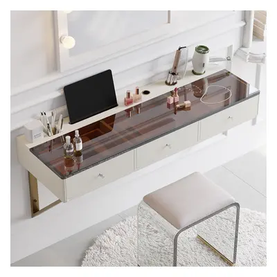 Modern Floating Makeup Vanity with Tempered Glass Top & Drawers Wall Mounted Beauty Station