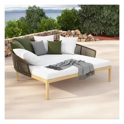 Modern Style PE Rattan Outdoor Daybed with Cushion Pillow in White & Coffee