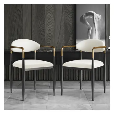 Set of 2 PU Leather Dining Chair Velvet Upholstered White Dining Room Chairs with Arms