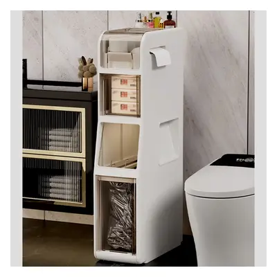 Freestanding Slim Storage Cabinet Bathroom Narrow with Toilet Paper Holder & Trash Can