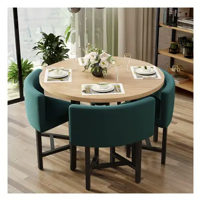 40" Round Wooden Nesting Dining Table Set for 4 Green Upholstered Chairs