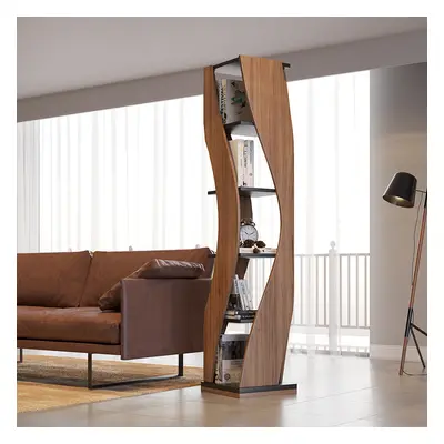 5-Tier Geometric Bookshelf Curved Shape Industrial Bookcase in Walnut & Black Rotating