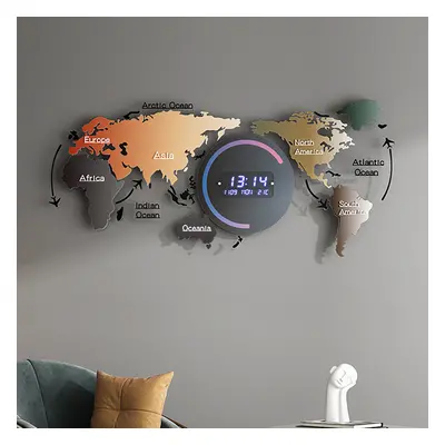 Modern Large Multifunctional World Map Wall Clock Decor With LED Digital Display Screen