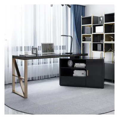 Modern 1600mm Black L-Shaped Desk Corner Computer Desk with Cabinet & Rich Storage