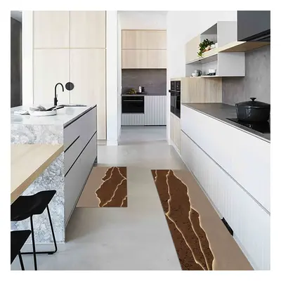 2 Pieces Modern Gold & Brown Kitchen Runner Mats Non-slip Absorbent Kitchen Rug Set