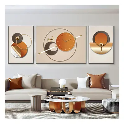 3Pcs Geometric Wall Clock Decor Set Modern Canvas Painting Wall Art with Aluminum Frame