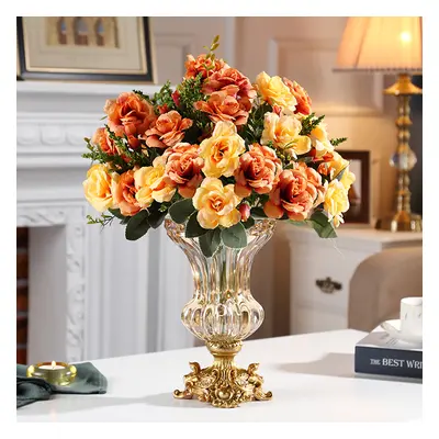 Retro European Style Golden Crystal Glass Carved Vase Artificial Flowers in Vase Set