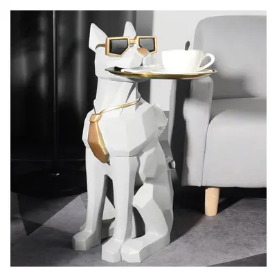 Modern White Resin Dog Sculpture Decorative Cocktail Table Cute End Side Table with Metal Storag