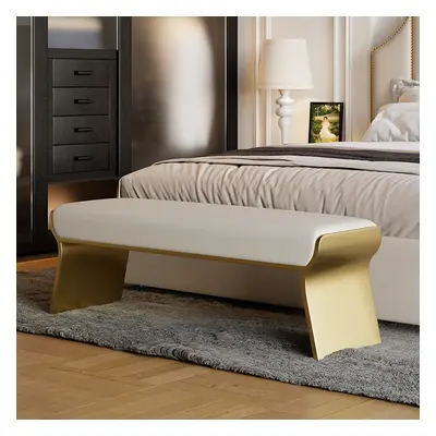 Beige Modern Stainless Steel Bench Leath-Aire Upholstered Bedroom Long Bench