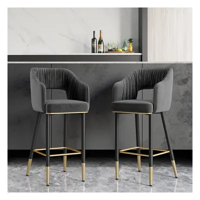 Modern Gray Velvet Upholstered Bar Stool with Low Back & Footrest