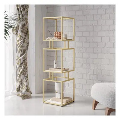 3-Tier Modern Gold Cube Bookcase with Metal Tower Display Shelf in Gold Frame