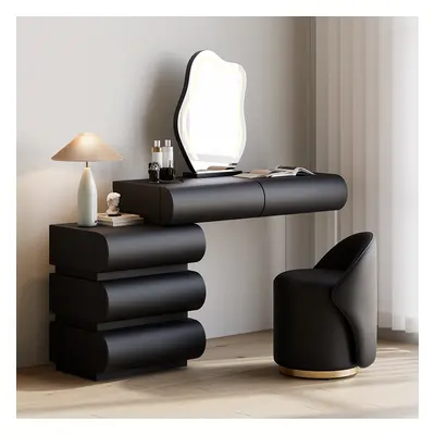 Humply Modern Black Makeup Vanity Set PU Leather Dressing Table with Stool & LED Mirror