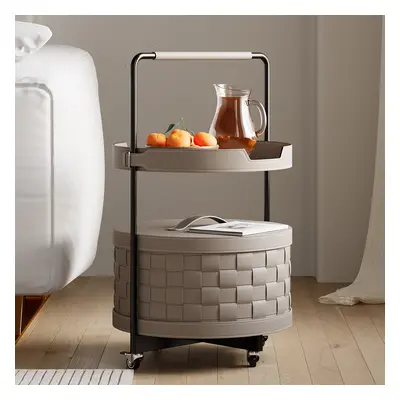 Modern 2-Tier End Table with Wheel & Tray Top Woven Leather Side Table with Storage