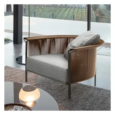 Modern Woven PE Rattan Outdoor Barrel Chair with Back Flared Edge in Brown & Grey