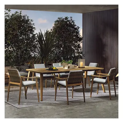 7 Pieces Outdoor Patio Dining Set with Teak Wood Table and Chair in Natural & Grey