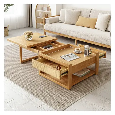 Japandi Wooden Folding Coffee Table Set Dining Table Rattan Nesting Accent Table