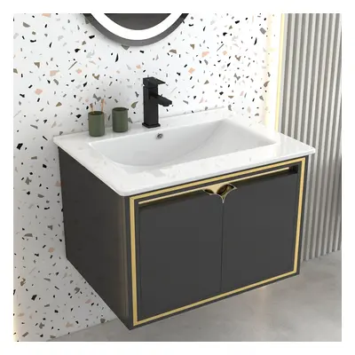 600mm Floating Bathroom Vanity Set Ceramics Single Basin with Drain in Black & Gold