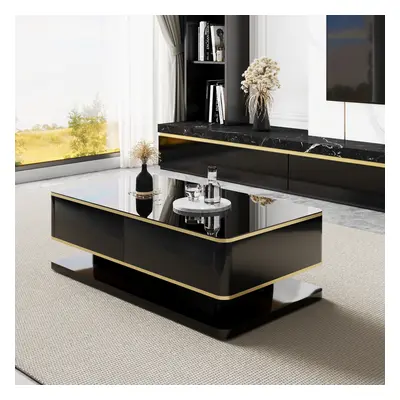 Gapn 1300mm Black Rectangle Modern Coffee Table with Storage 4 Drawer Tempered Glass Top