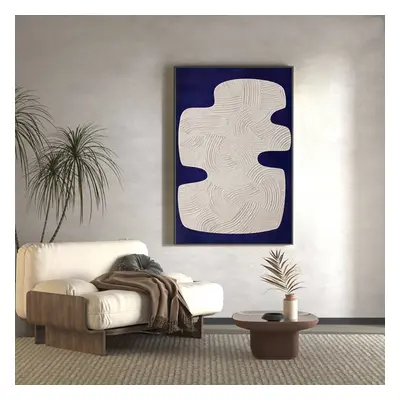 Japandi 3D Wall Decor for Living Room Home Abstract Art Painting with Frame Blue & White