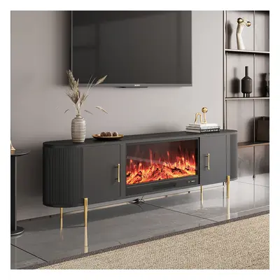 2000mm Modern Black Electric Fireplace Storage TV Stand Sintered Stone Top with Remote Control