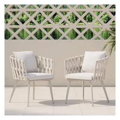 Set of 2 Hand Woven Rope Outdoor Patio Dining Chair with Cushions in Beige Set of 2 Aluminum All