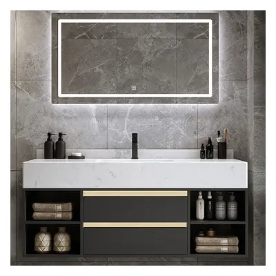 39.4" Floating Bathroom Vanity Set Cultured Marble Black with Ceramic Sink & 2 Drawers