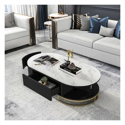 Modern White Oval Storage Coffee Table with Drawers & Shelf Sintered Stone Gold Base