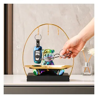 Colourful Electroplating Ceramic Trendy Bear Entrance Storage Tray With Hooks Key Holder