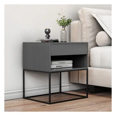 Grey Bedroom Nightstand with Drawer Bedside Table Metal Base