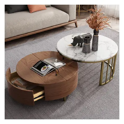 White&Walnut Round Nesting Coffee Table with Storage Rotating Top in Rose Gold Set of 2