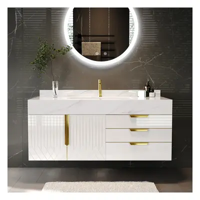 35.4" Bathroom Vanity Wall Mounted Cultured Marble Top with Single Sink & Drawers White