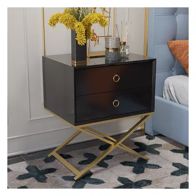 500mm Modern Black Bedside Table with 2 Drawers X-Shaped Pedestal