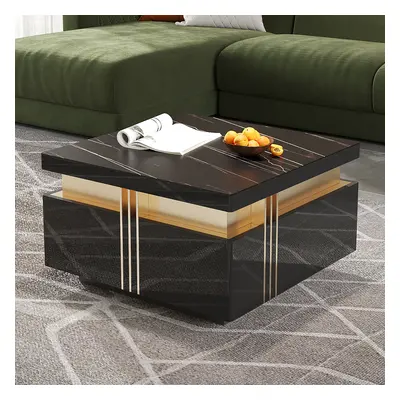 Trimied 700mm Modern Black Square Storage Coffee Table Stone Top & 4 Wood Drawers