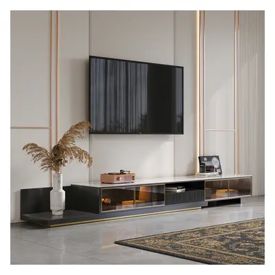 2800mm Black Modern Extendable TV Stand Glass Door Media Console with LED Light & Drawer