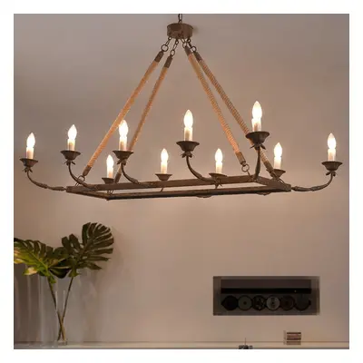 Candlely Vintage 10-Light Rectangular Linear Chandelier Hemp Rope Rust