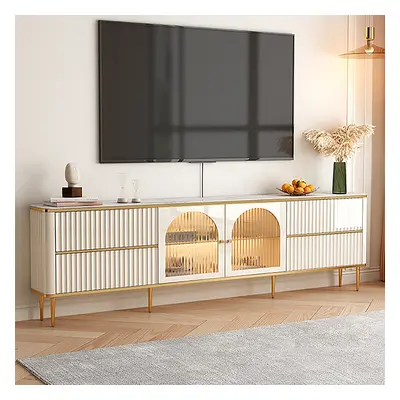 2000mm White Glass Door Fluted Stone TV Stand Wood Media Cabinet with Drawers