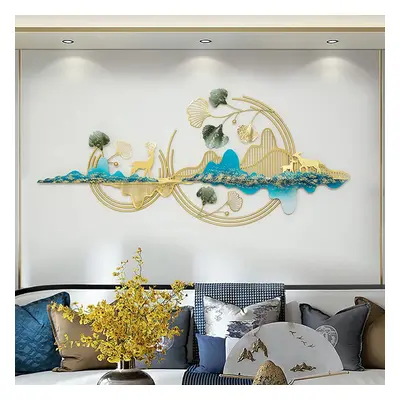 Modern Metal Wall Decor with Deer & Mountain & Leaves Wall Accent in Gold & Blue & Green