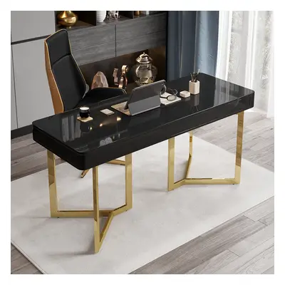 2-Drawers Black Office Desk 1400mm Modern Writing Desk Gold Tripod Base Stainless Steel