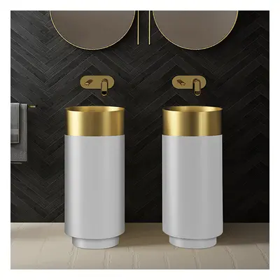 Gold & White Modern Luxury Round Stainless Steel Basin Pedestal Basin Freestanding