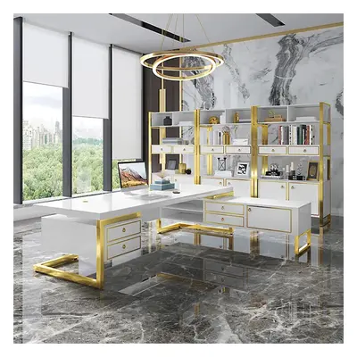 Holf L-Shaped Modern Office Executive Desk of Right Hand with Storage in White & Gold