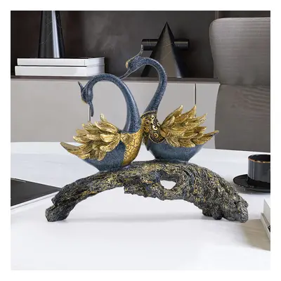 360mm Blue & Gold Simulation Couple Swan Sculpture Art Ornament Table Statue Decor